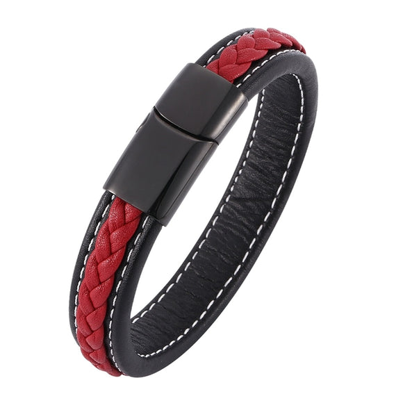 Trendy Mens Bracelets Jewelry Black Red Braided Leather
